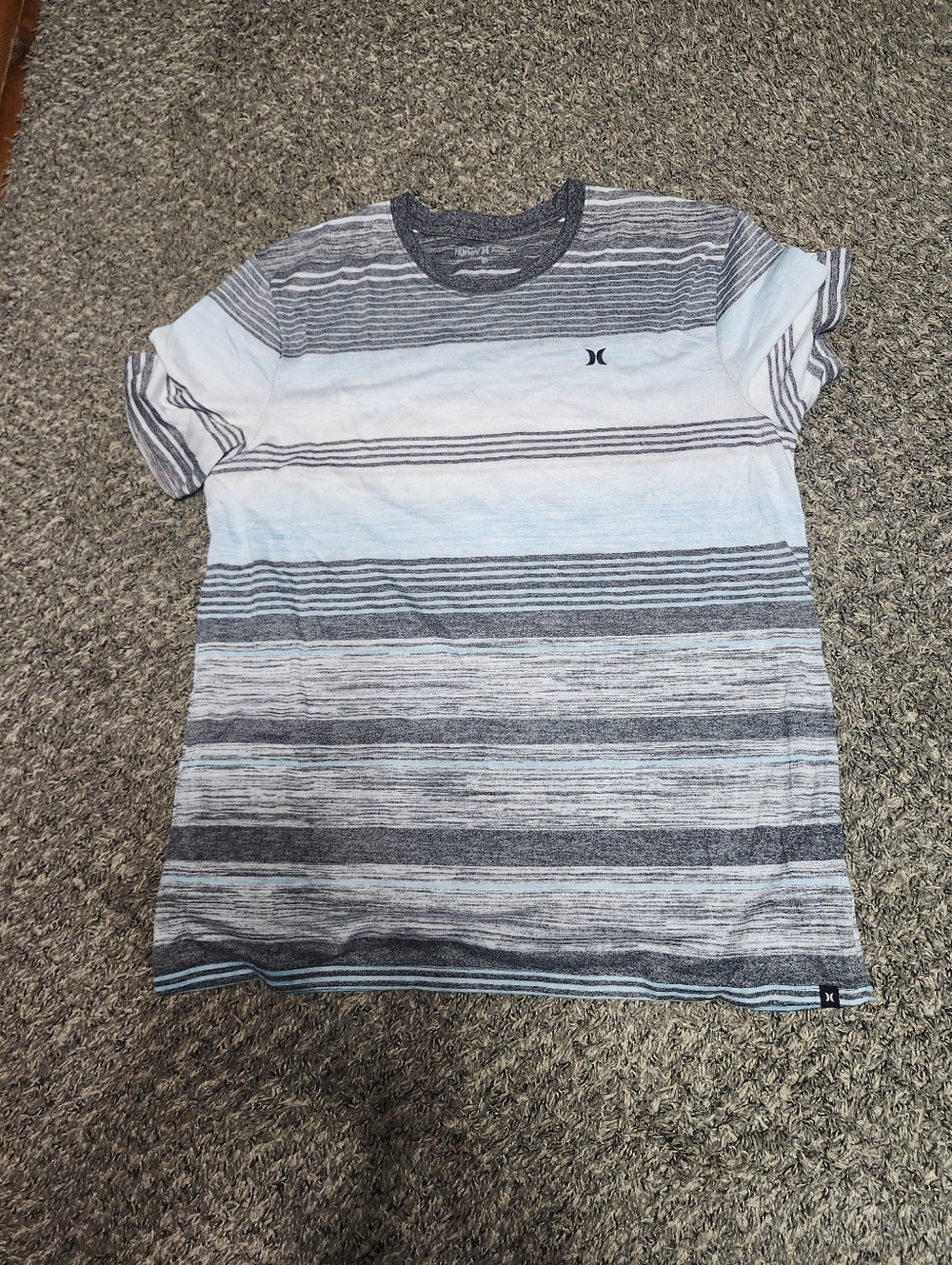 Hurley Men's Light Blue and Gray Horizontal Stripe Crew Tee
